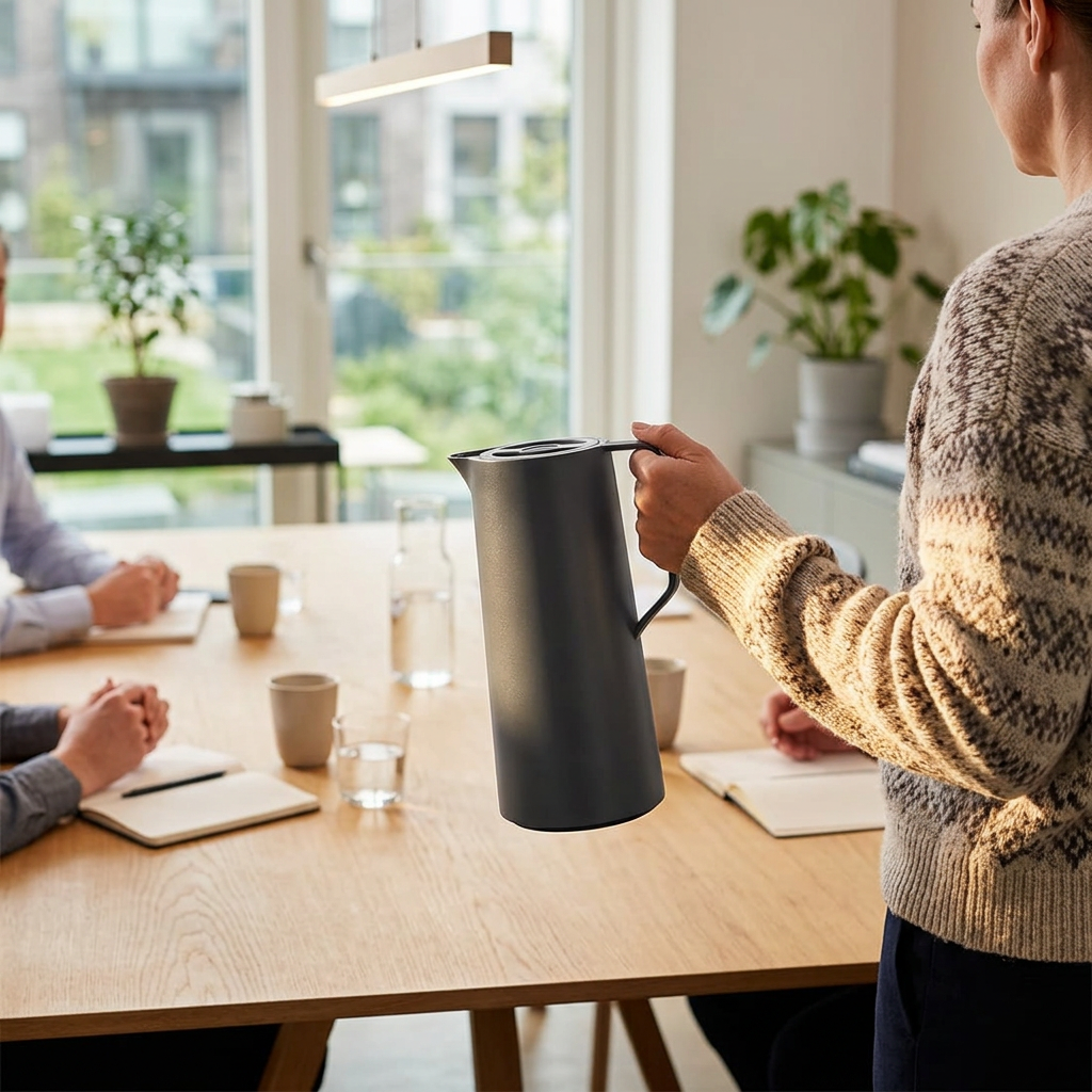 Medarbejder bærer Tefal Motiva termokande til et solrigt mødebord