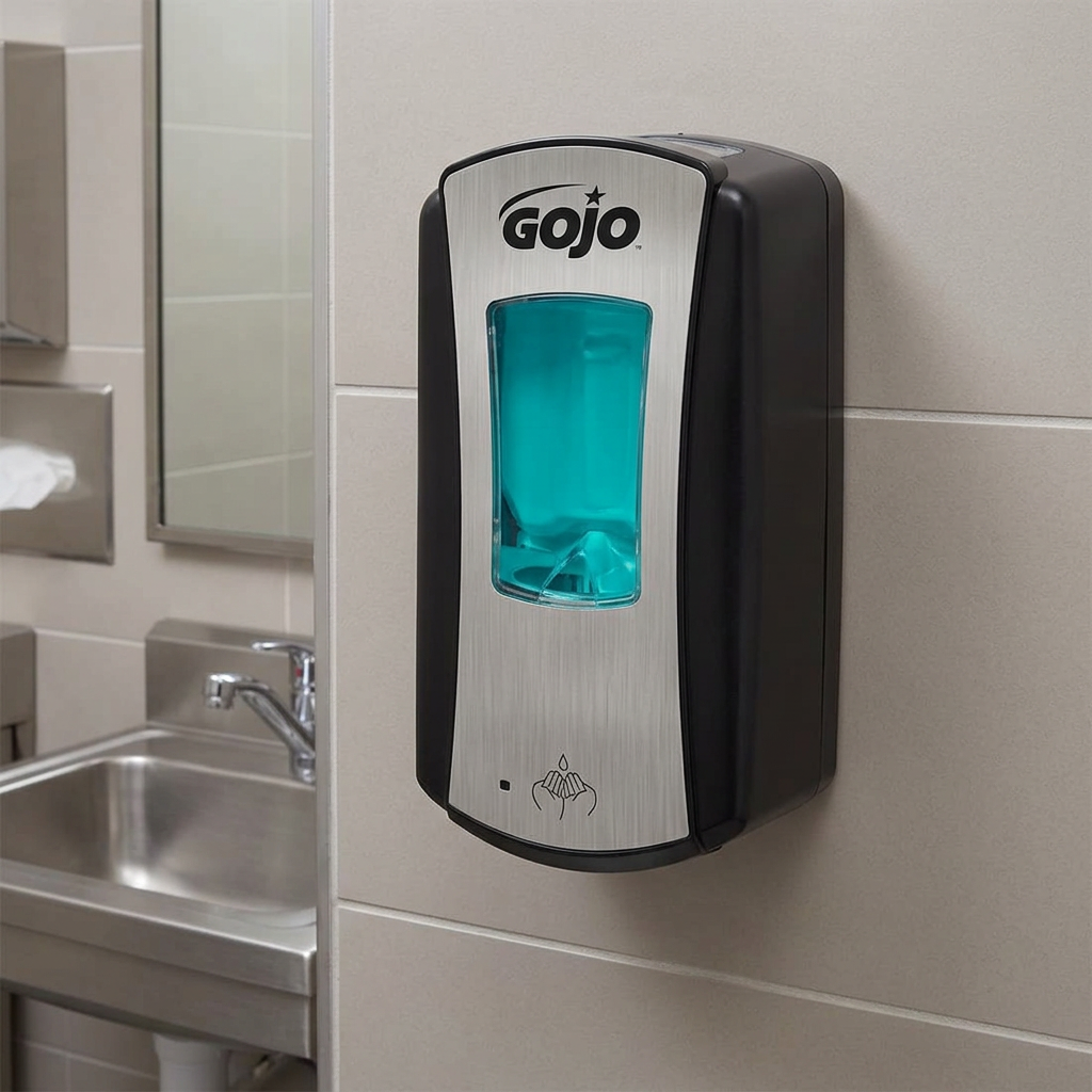 GOJO LTX-12 krom/sort ved håndvask i personalerum