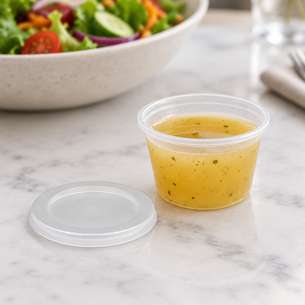Klart diplåg ved siden af åbent bæger med dressing og salat