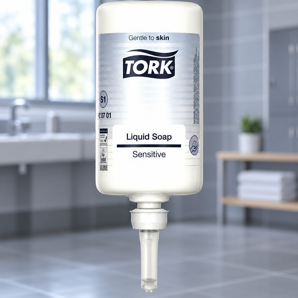 Tork S1 Sensitiv-refill i original synsvinkel med værkstedets personalefaciliteter i baggrunden