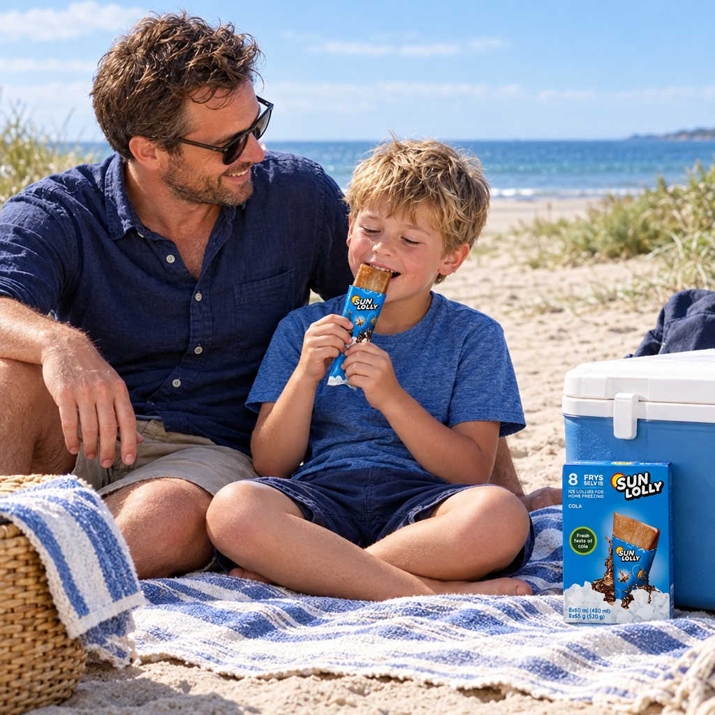 Barn og far nyder Sun Lolly Cola på picnictæppe ved stranden