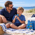 Barn og far nyder Sun Lolly Cola på picnictæppe ved stranden