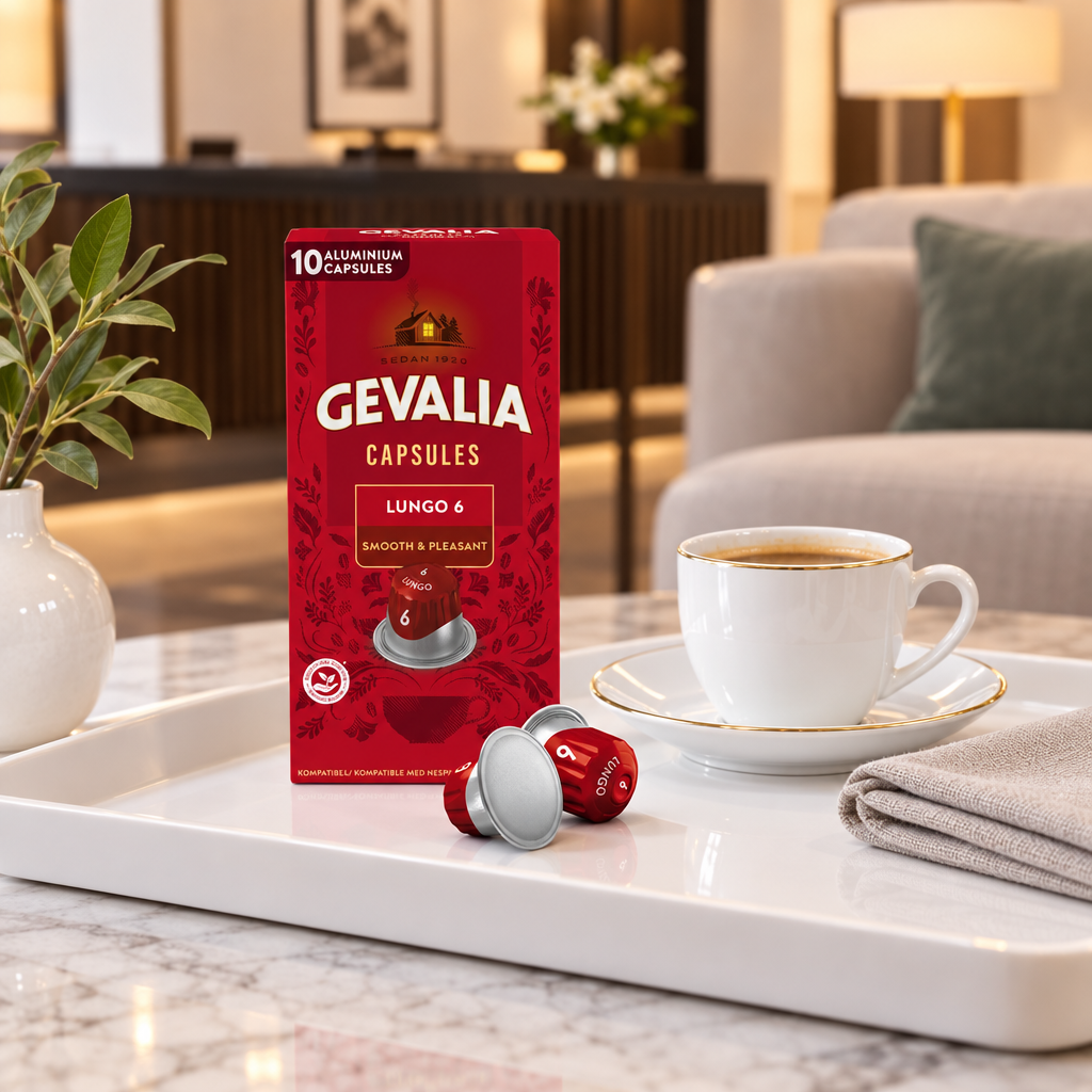 Gevalia Lungo 6 æske og kapsler på hvid serveringsbakke ved kaffekop, stemningsbillede