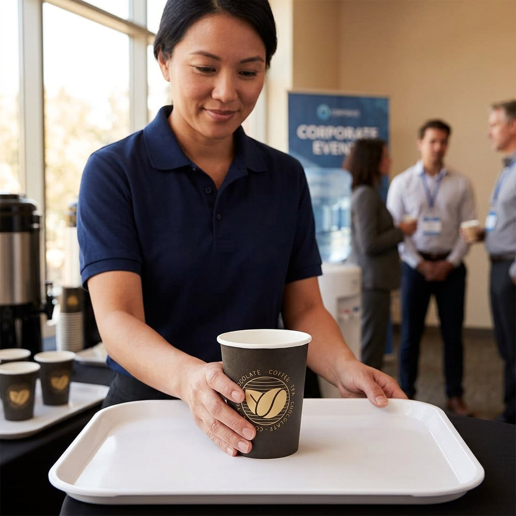 Voksen medarbejder placerer Beans-kaffebæger på serveringsbakke ved konference