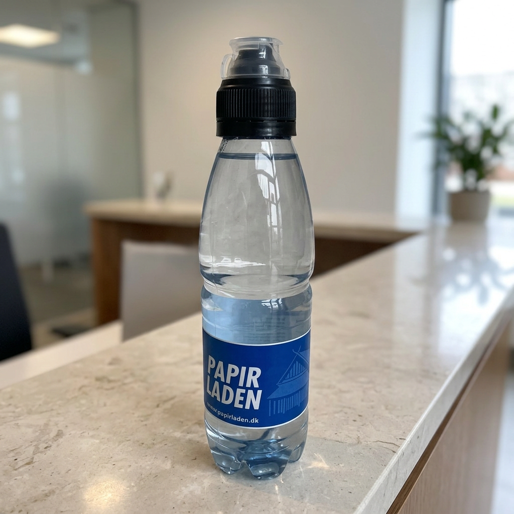 0,5-liters logovand med sort sportscap og gennemsigtig hætte på receptionsdisken