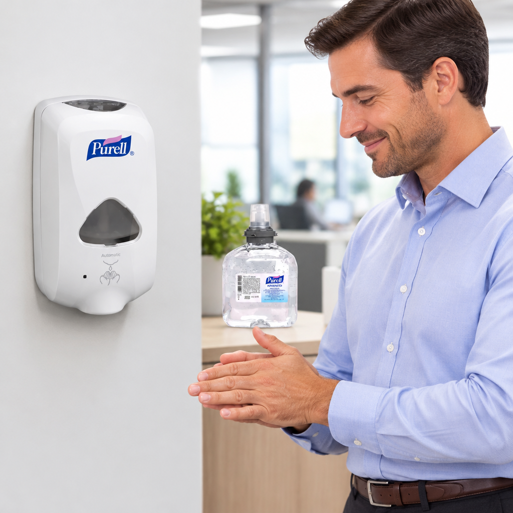 Illustration af håndgnidning ved hvid Purell TFX-12 dispenser i kontormiljø