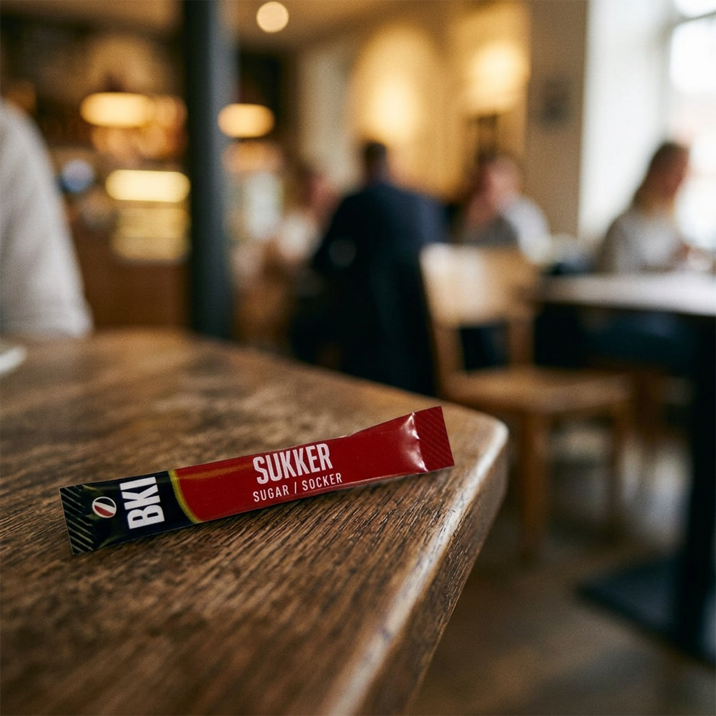 BKI sukkerstick på træbord med café i baggrunden