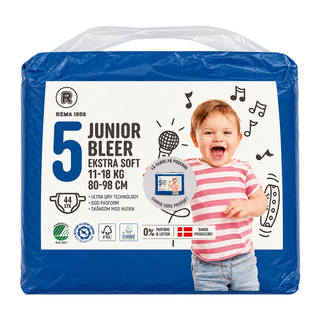Forside af blå REMA 1000 Junior 5 blepakke, 11–18 kg og 80–98 cm, 44 bleer