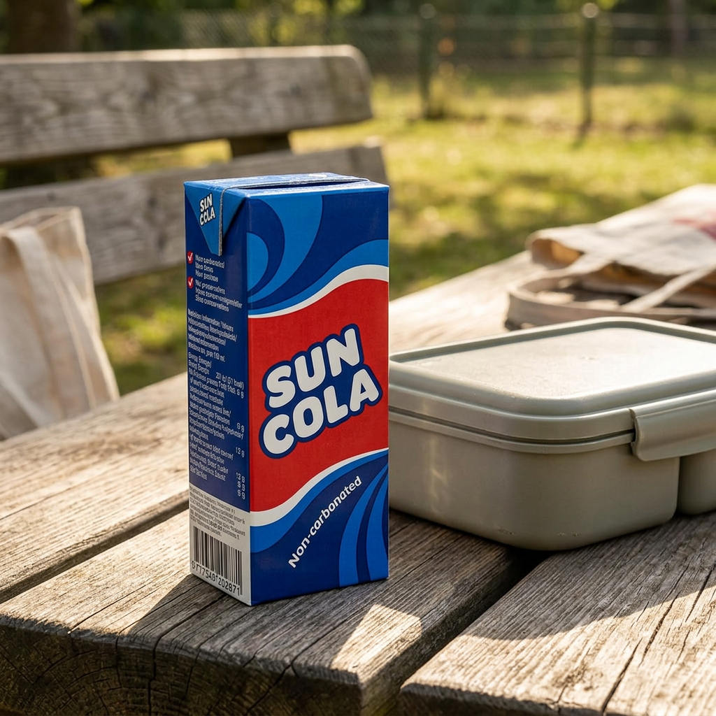 Suncola ved madkasse på et solbeskinnet picnicbord