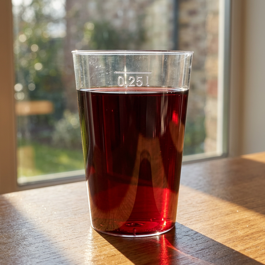 Rødvin i et klart plastglas på et bord ved et solrigt vindue