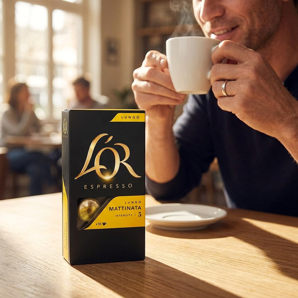 Kaffepause med en kop lungo og L’OR Mattinata 5 på bordet