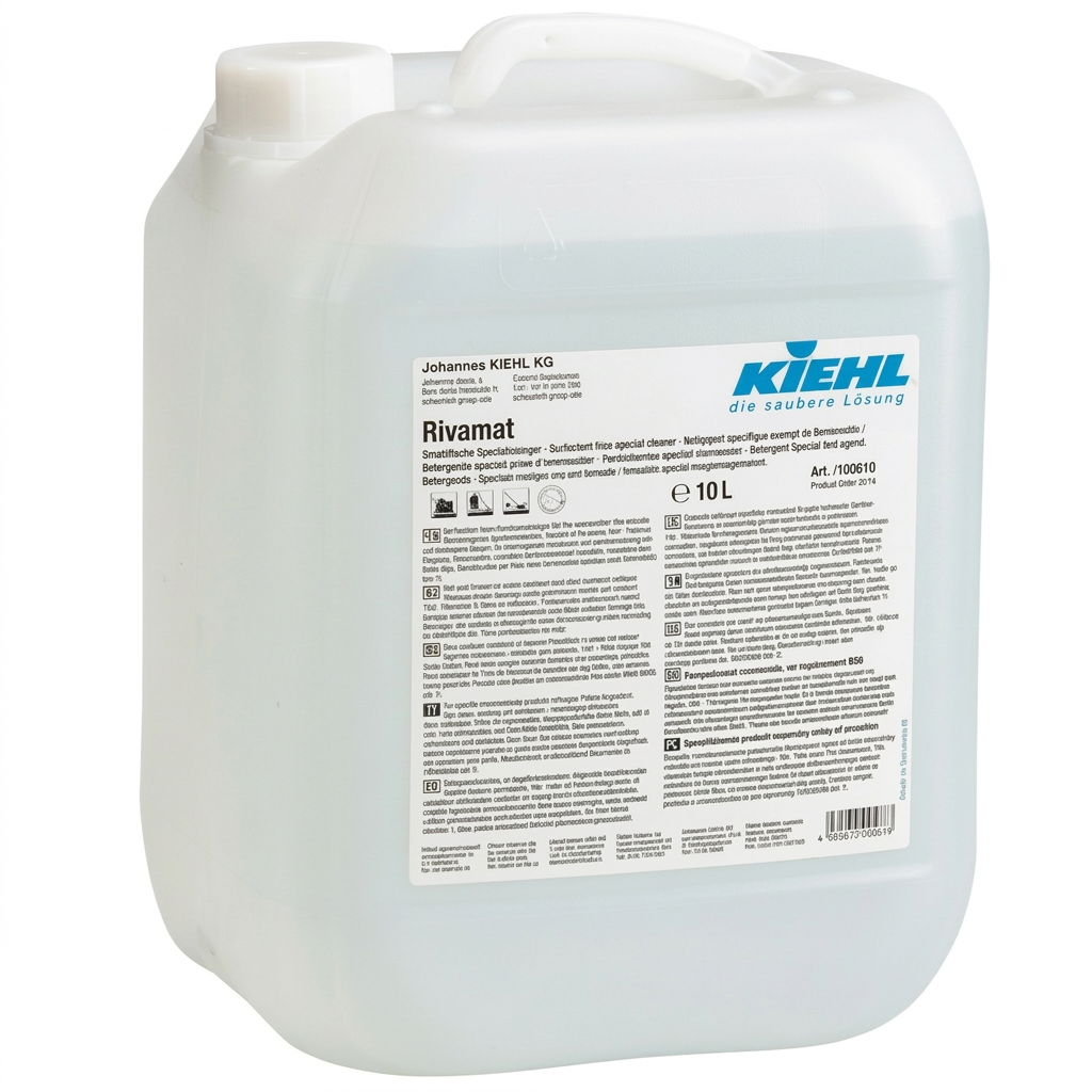 Kiehl Rivamat specialrengøringsmiddel 10 liter i dunk med hvidt låg på hvid baggrund, varenummer 8198.
