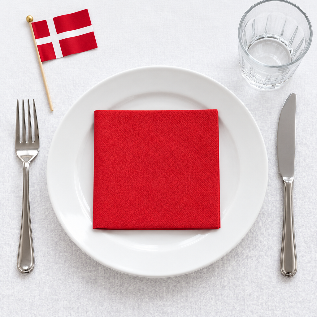 Fødselsdagskuvert med rød serviet og bordflag