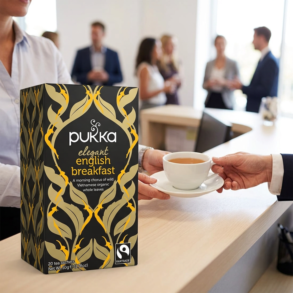 En kop Pukka English Breakfast serveres ved en reception