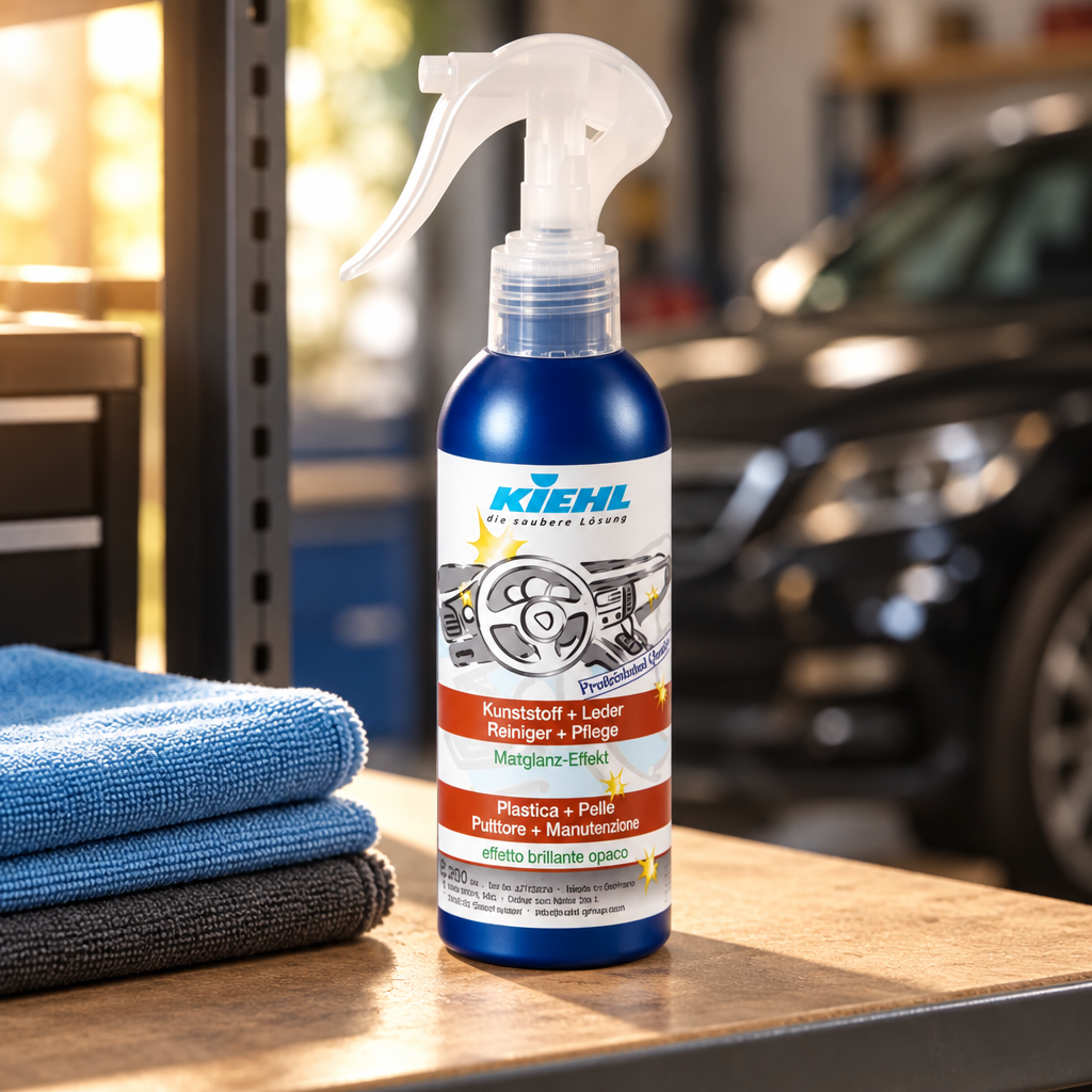 Blå Kiehl bilplejeflaske 200 ml på garagehylde med foldede klude i varmt lys