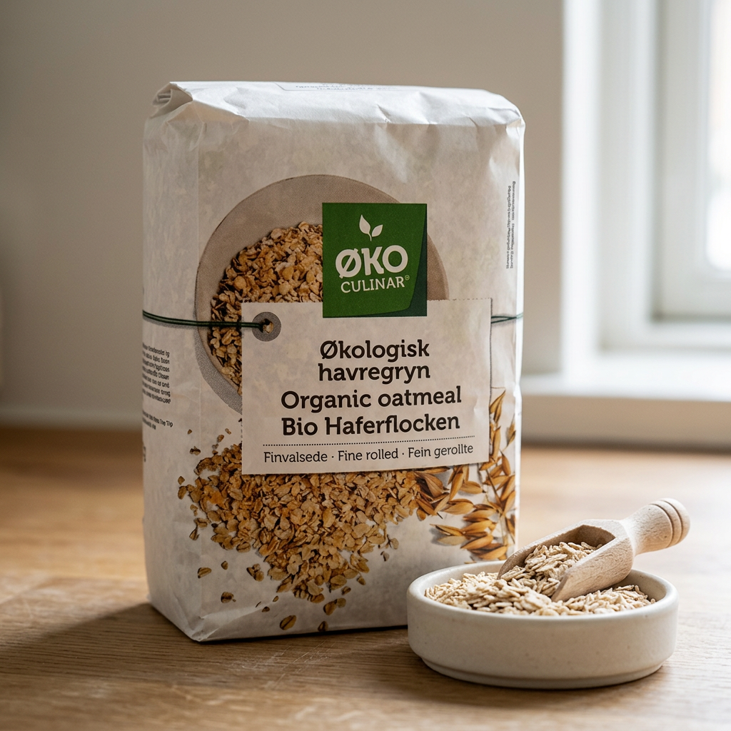Øko Culinar havregryn med gryn og træskovl på køkkenbordet