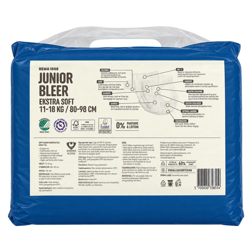 Bagside af REMA 1000 Junior 5 blepakke med produktinformation, 44 bleer