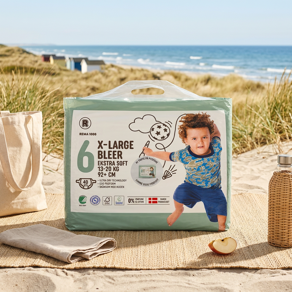 REMA 1000 X-Large 6 blepose med på strandtur ved klitter og hav i solskin, stemningsbillede.