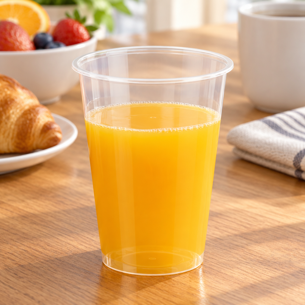 Klart PP-drikkeglas med appelsinjuice ved morgenbord