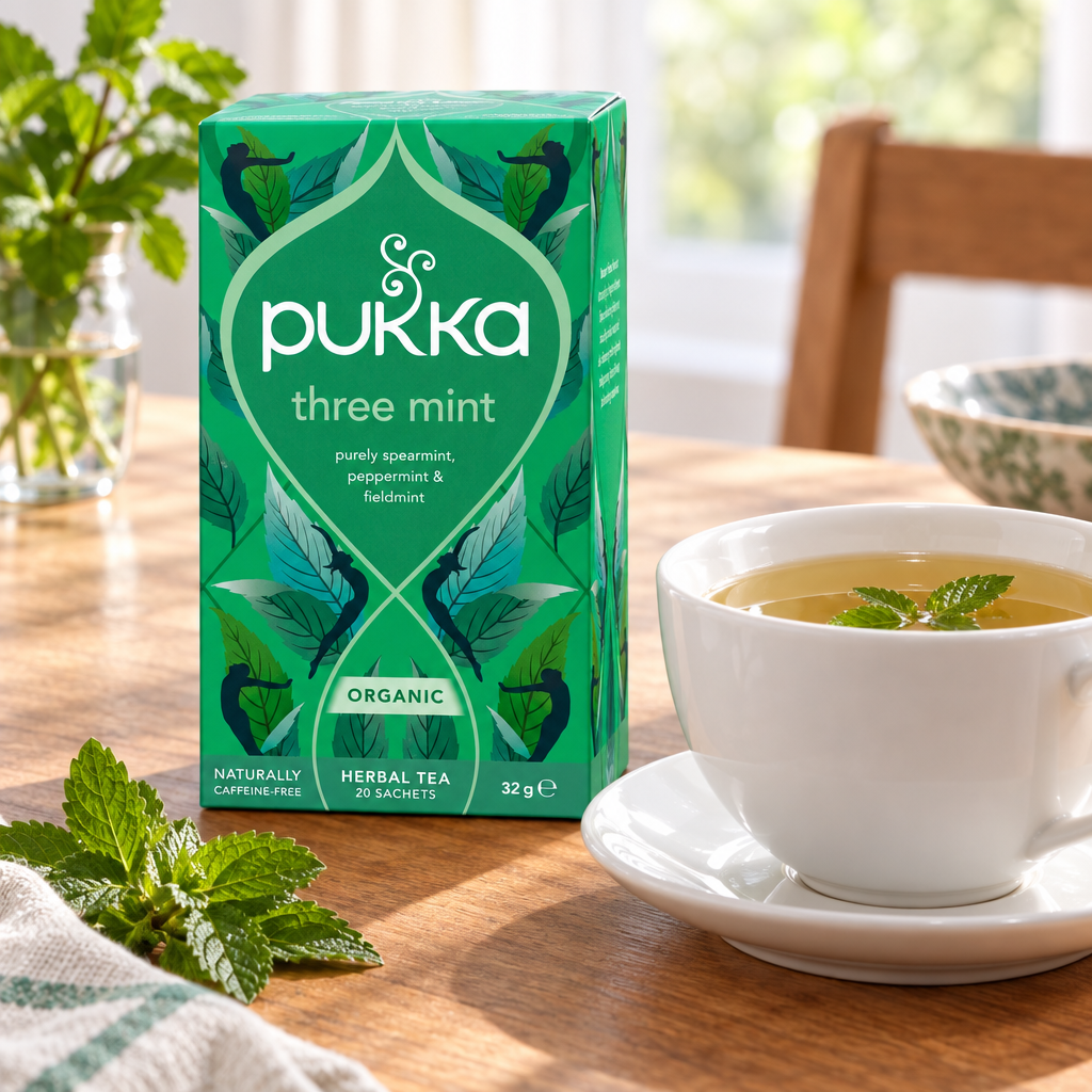 Stemningsillustration af Pukka Three Mint ved hvid tekop på lyst tebord