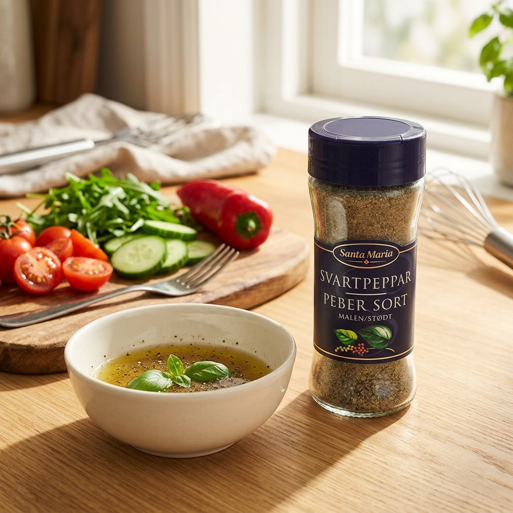 Sort peber Santa Maria ved dressing og grøntsager i et lyst køkken