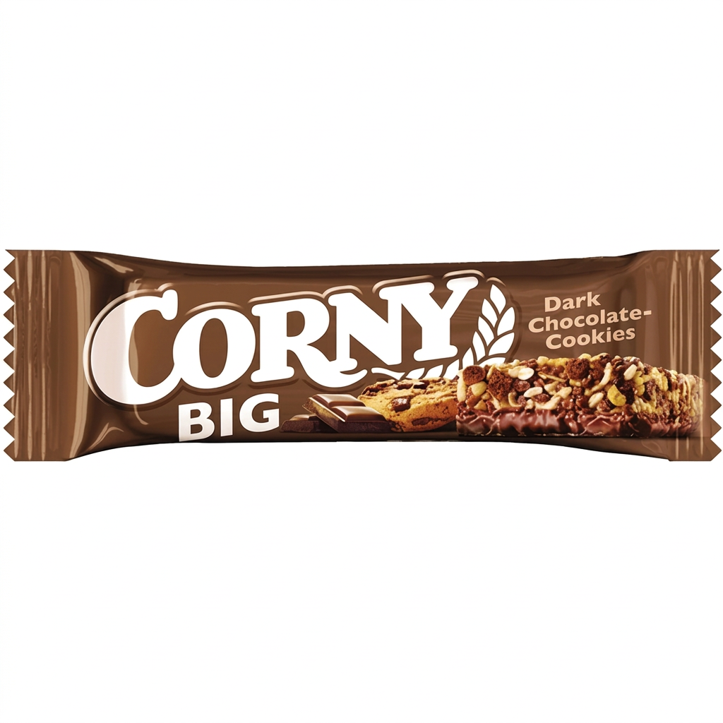 Corny Big Dark Chocolate-Cookies, indpakket bar på hvid baggrund