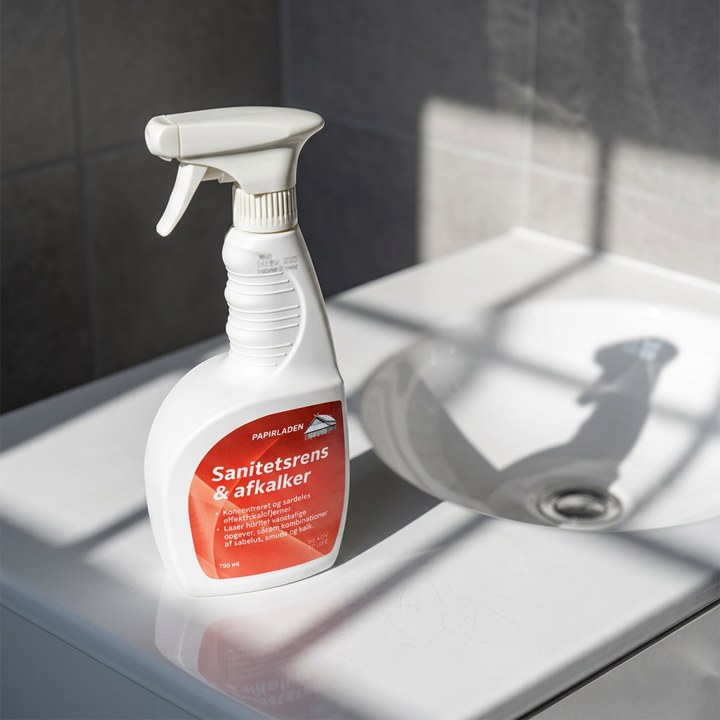 Stemningsbillede af sanitetsrens og afkalker ved sollyst porcelænshåndvask