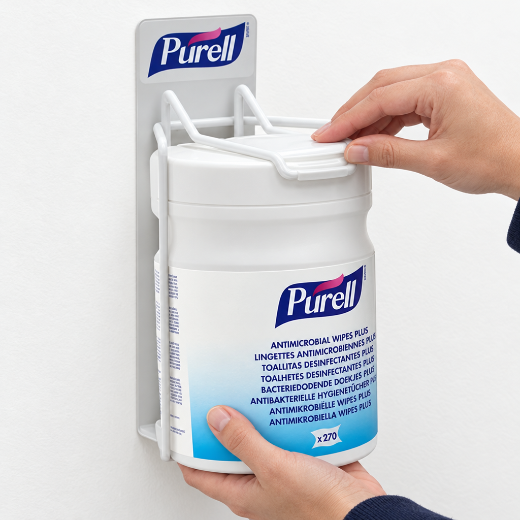 Illustration af lukning af servietbøtte i Purell-holder