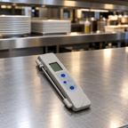 Digitalt kombitermometer ved restaurantdisk, stemningsillustration
