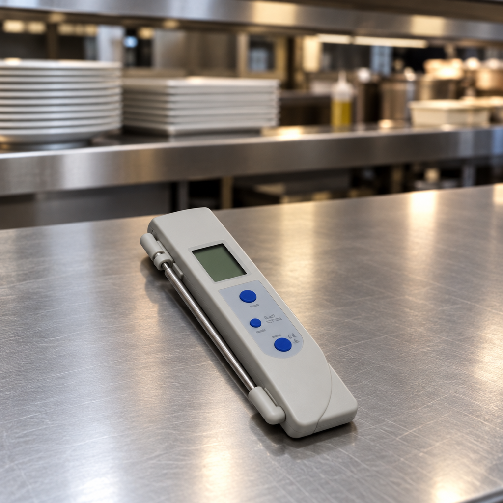 Digitalt kombitermometer ved restaurantdisk, stemningsillustration