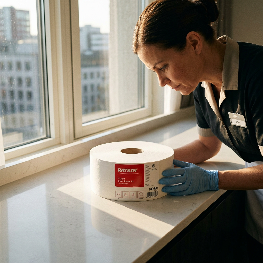 Medarbejder undersøger toiletrulle på solbeskinnet bord, stemningsbillede