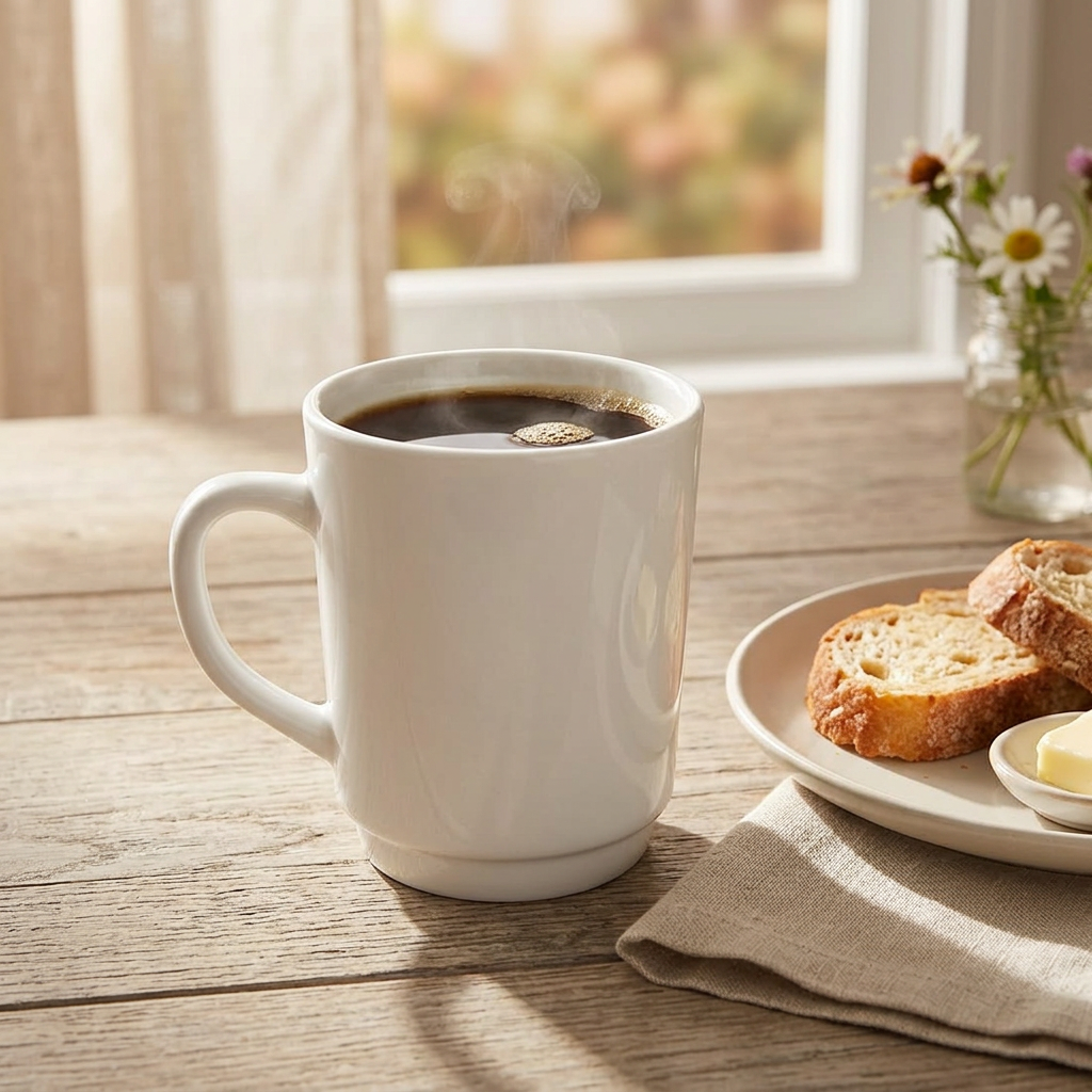 Hvidt krus med kaffe ved brød og serviet på morgenbord
