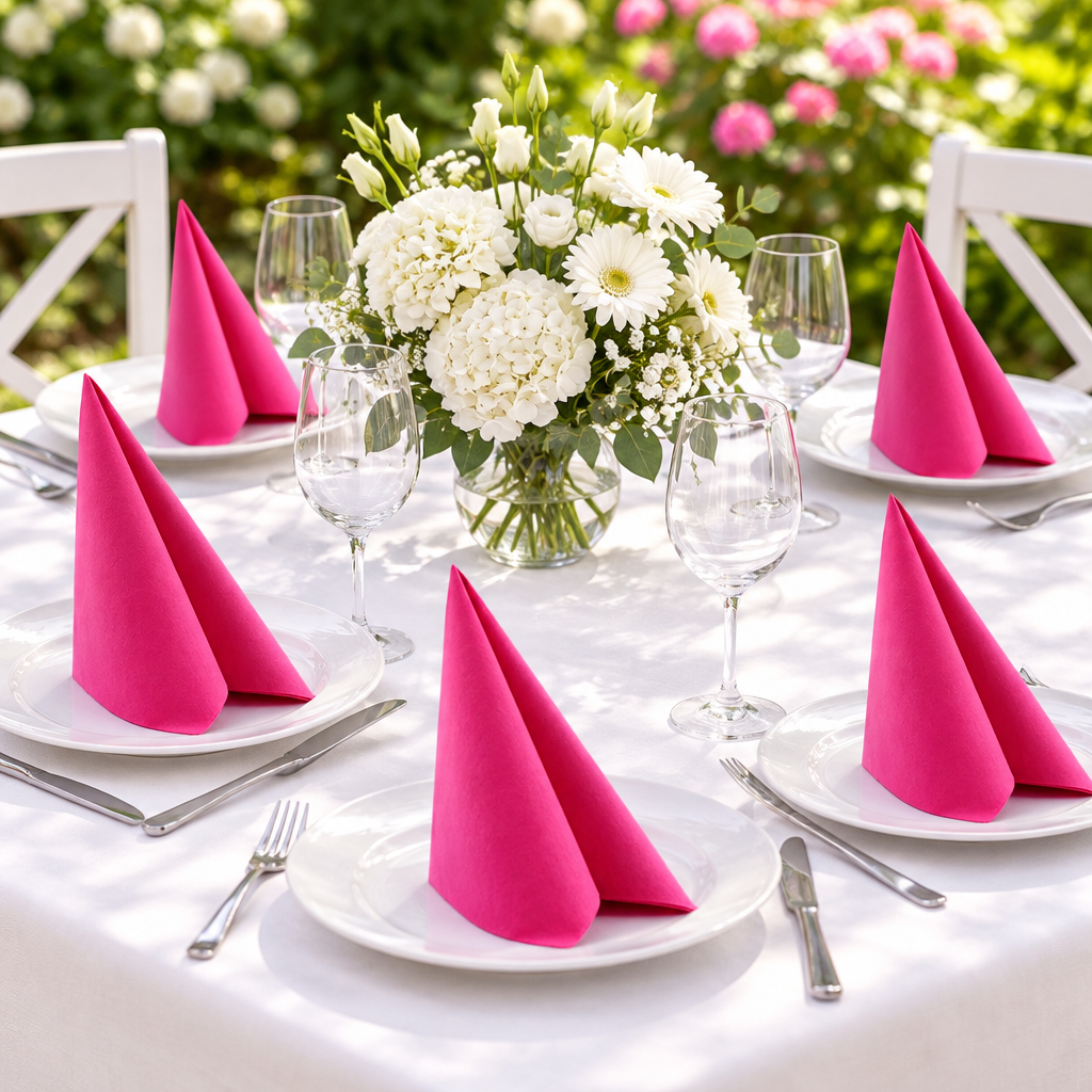 Sommerbord med pink foldede Airlaid-servietter og hvide blomster