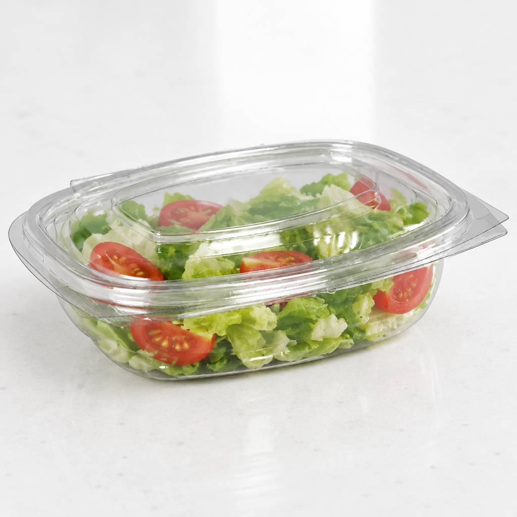 Nærbillede af klar oval salatbakke med låg, salatblade og tomater