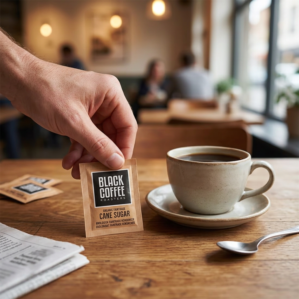 Hånd tager et brev Black Coffee Roasters portionsrørsukker ved kaffekop på café