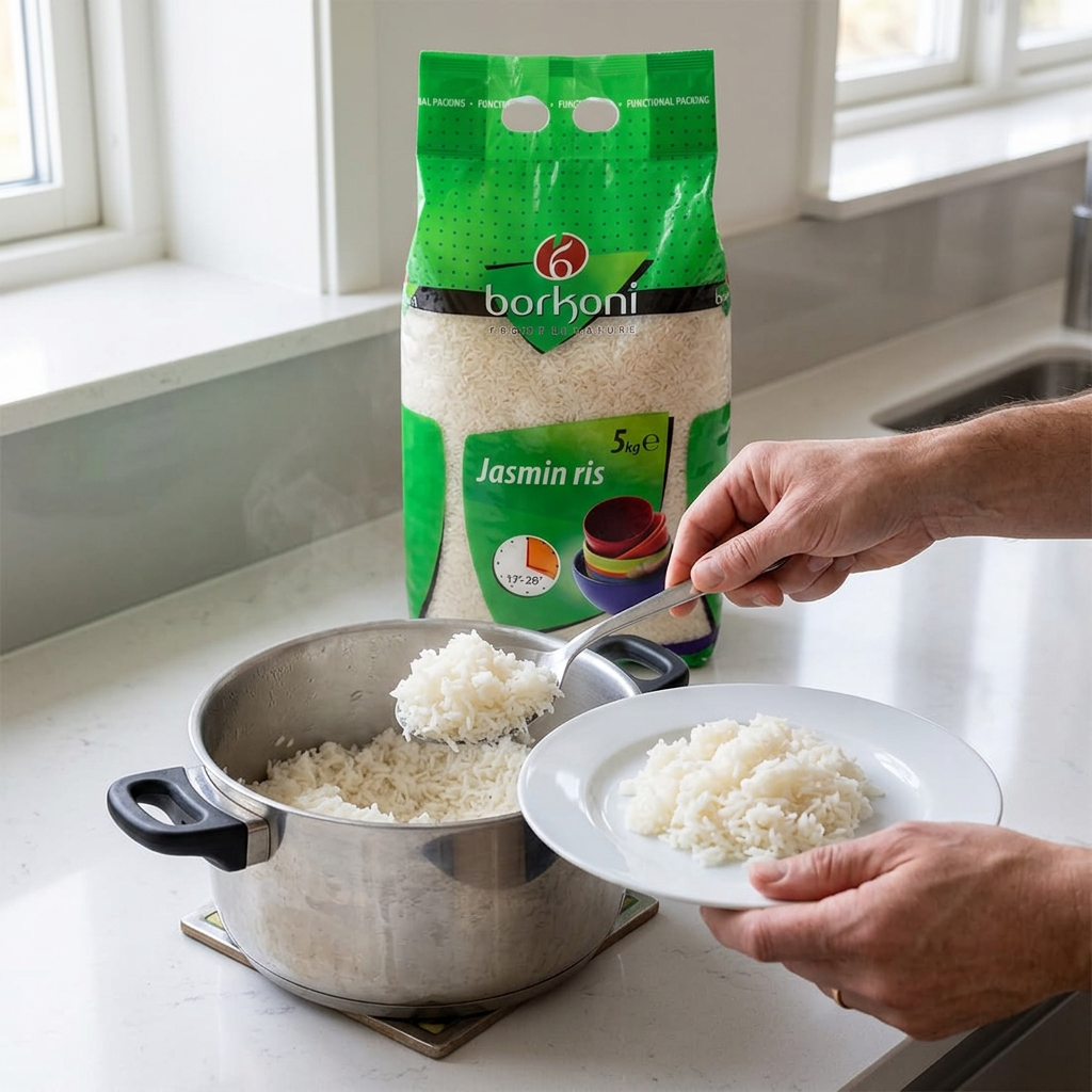 Kogte jasminris serveres fra gryde til tallerken