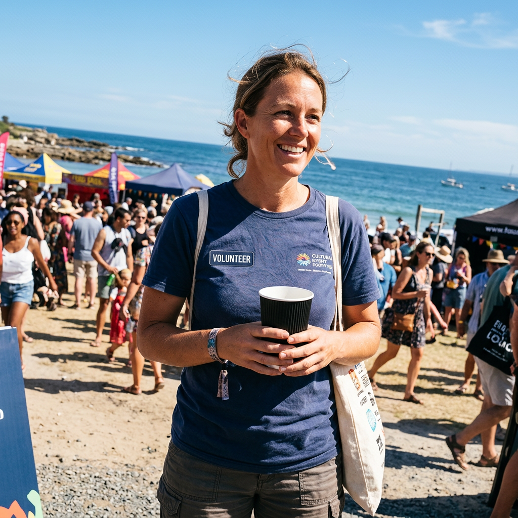 Voksen frivillig holder sort Ripple Wall kaffebæger ved solrigt kulturarrangement ved havet