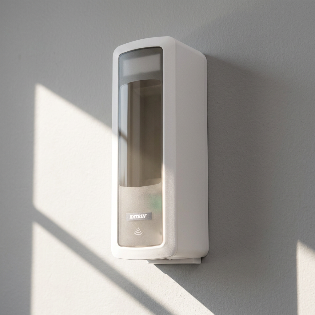 Hvid Katrin Touchfree-dispenser på grå væg med solstrejf