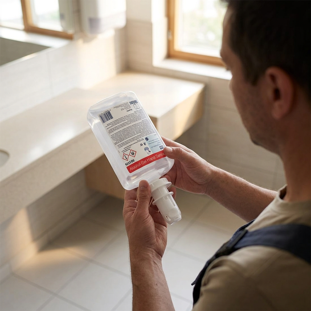 Medarbejder holder en Tork S4 gelrefill i et sollyst toiletrum
