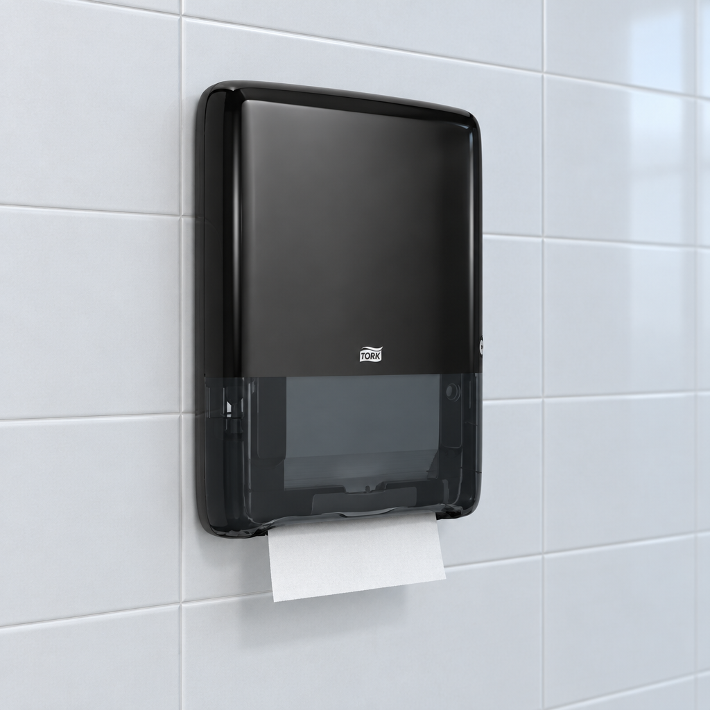 Tork PeakServe Mini 552558 set fra siden i sportshallens toiletfaciliteter