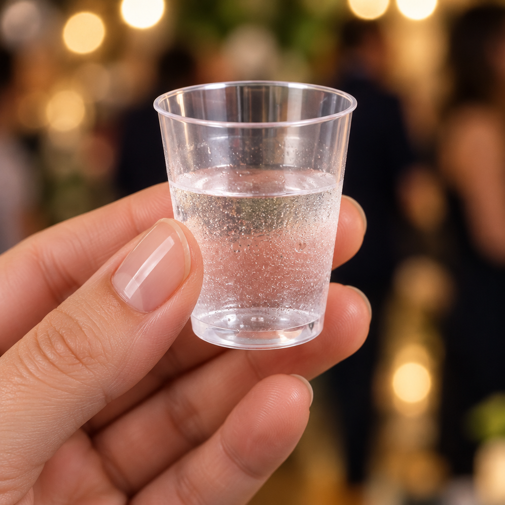 Lille klart PS-shotglas holdt i voksenhånd med kold drik