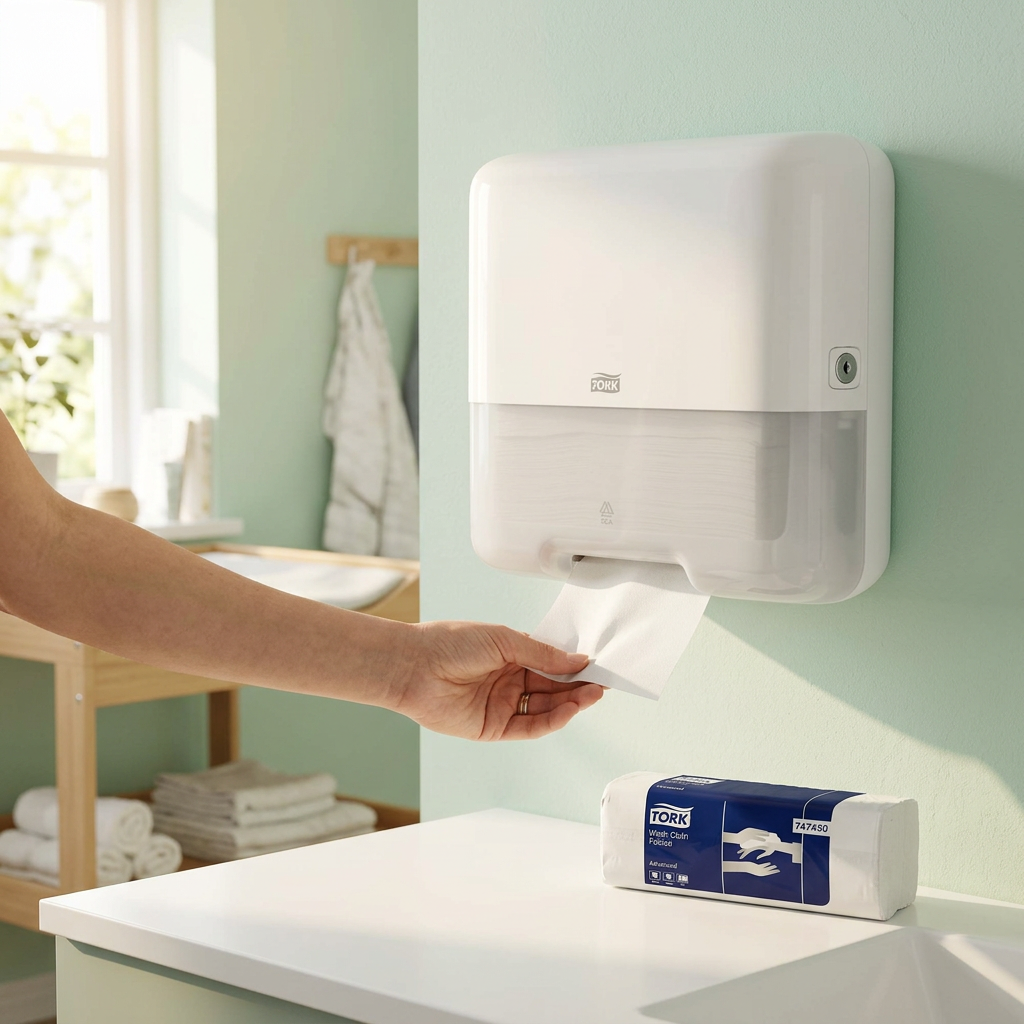 Voksen trækker en Tork papirvaskeklud ud af væghængt H3 Mini-dispenser i sollys. Dispenser sælges separat.