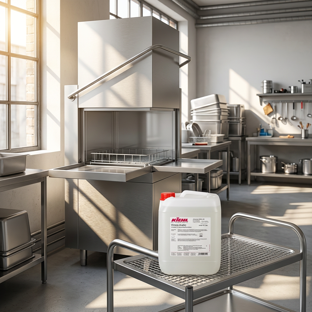 Kiehl Vinox-matic 10 L på servicevogn ved åben industriopvaskemaskine i solskin