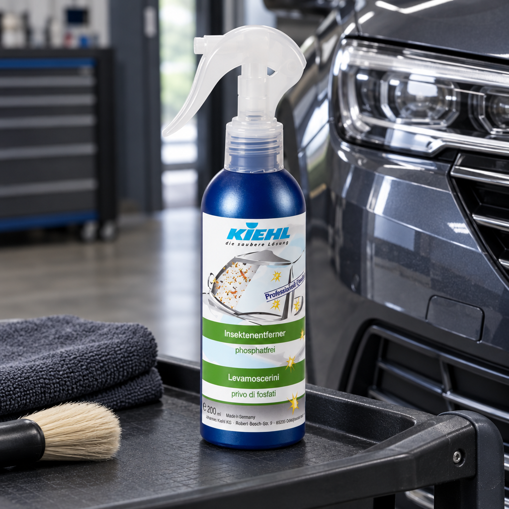 Kiehl InsectAway 200 ml på servicevogn ved bilens front