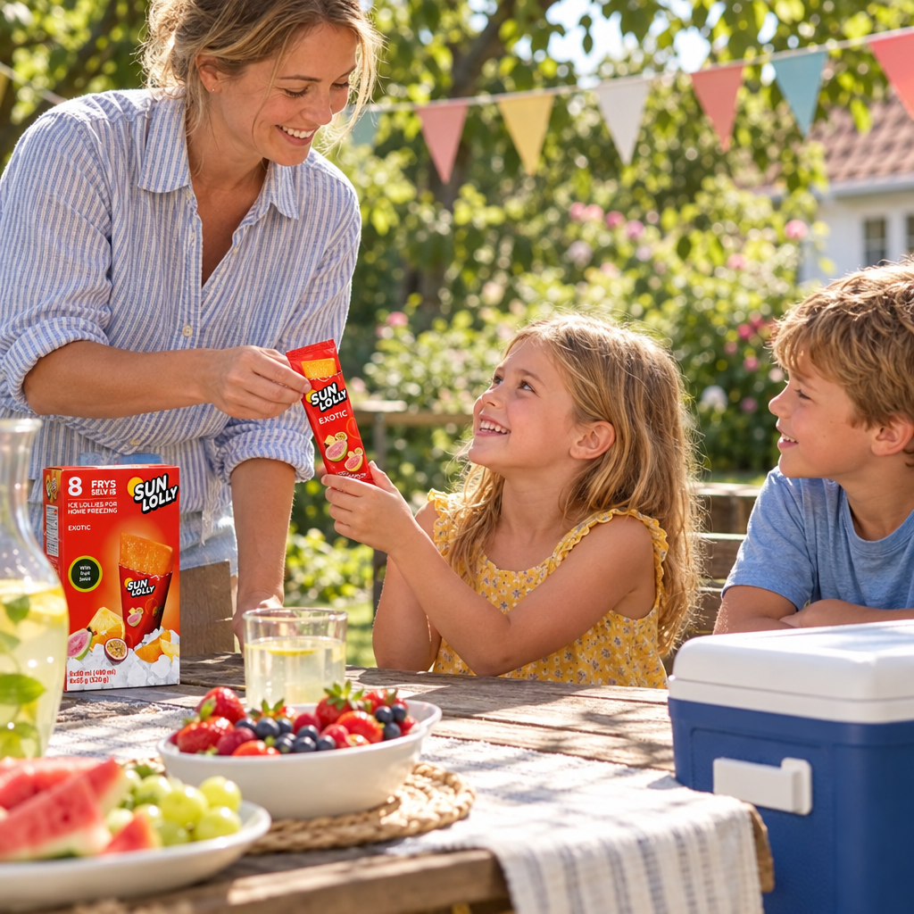 Voksen deler Sun Lolly Exotic ud til børn ved havefødselsdag
