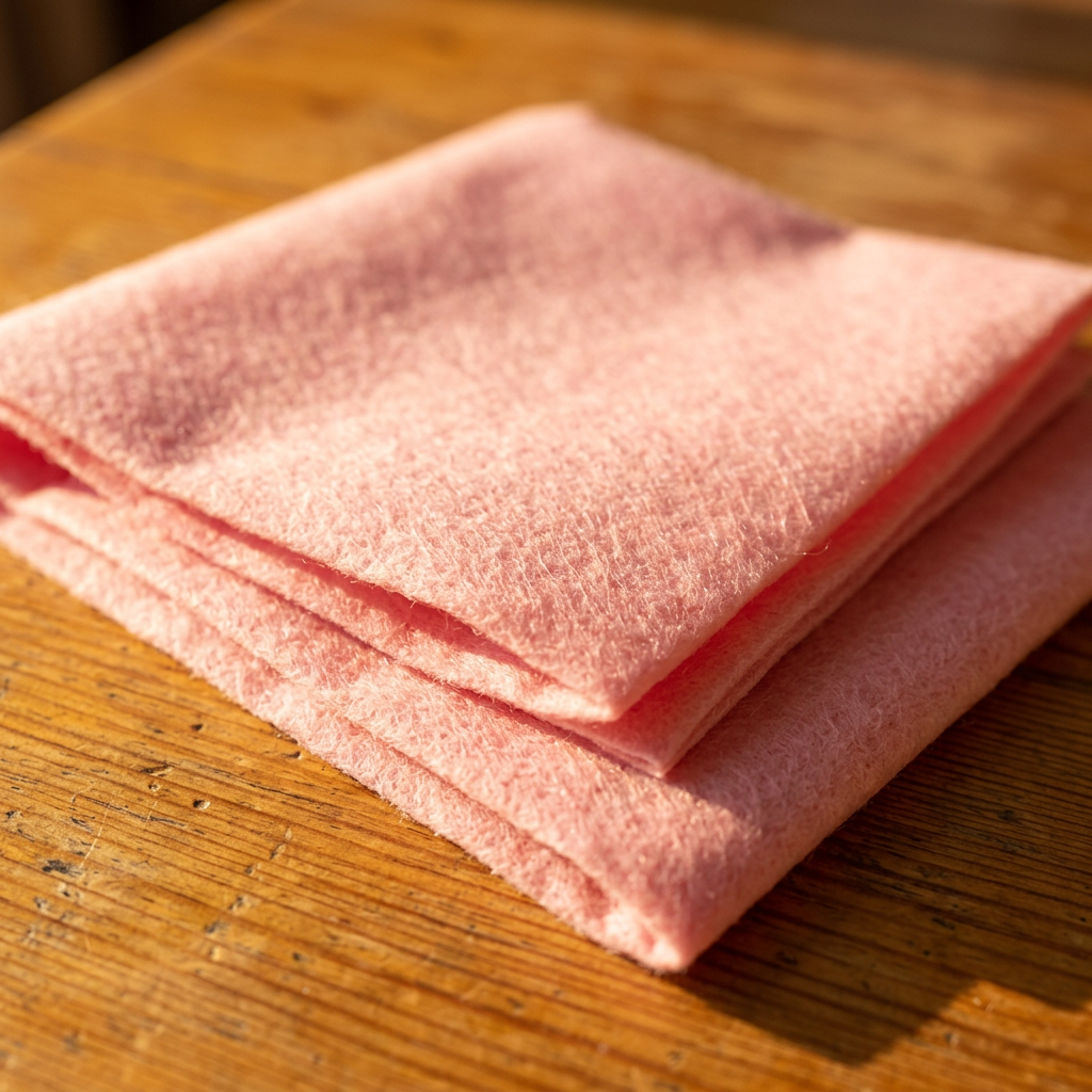 Detalje af foldet rosa universalklud i sollys