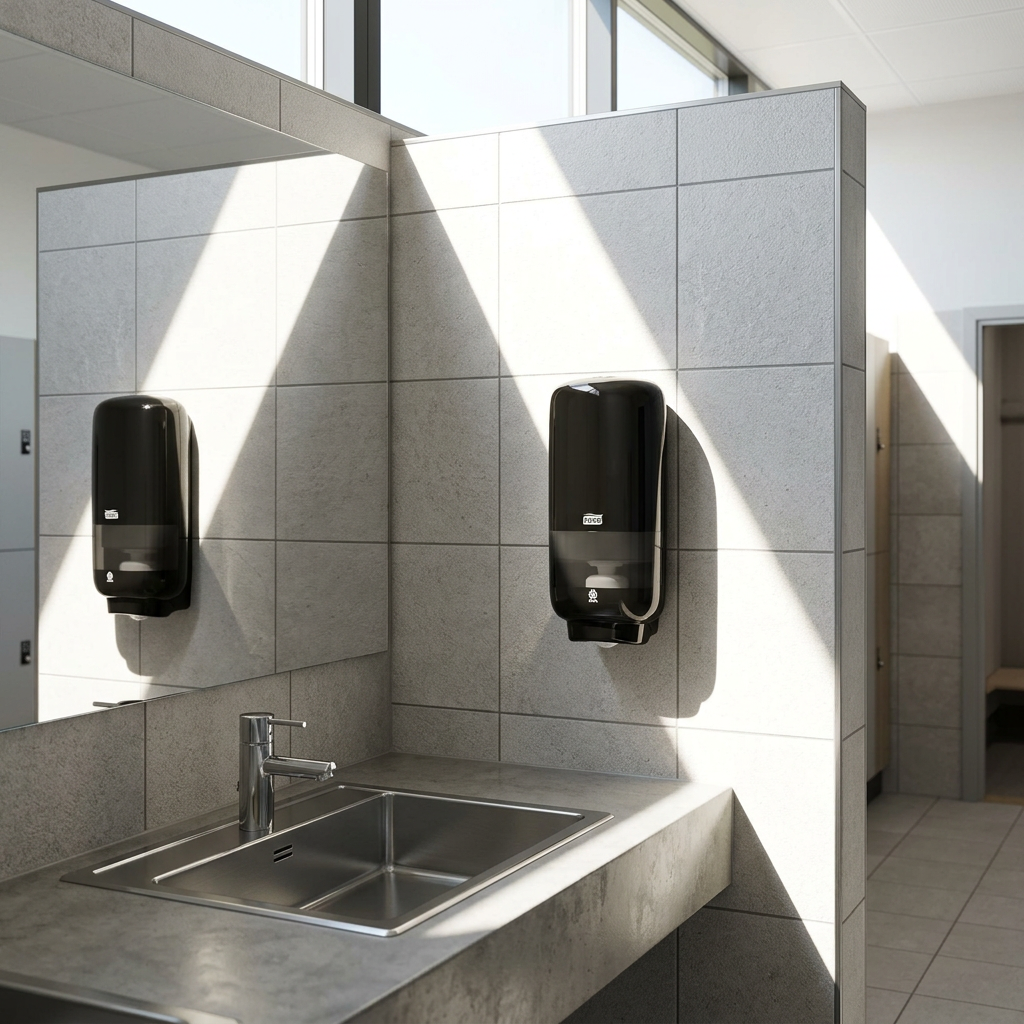 Sort Tork S4 TouchFree-dispenser ved håndvask og spejl i et solbelyst sportscenter