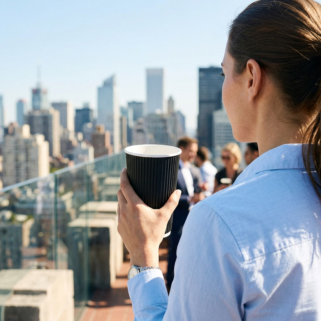 Voksen holder sort Ripple Wall kaffebæger under kaffepause på solrig tagterrasse