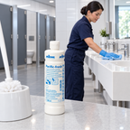 Lukket Pacific-fresh flaske ved toiletbørste med separat rengøring i baggrunden