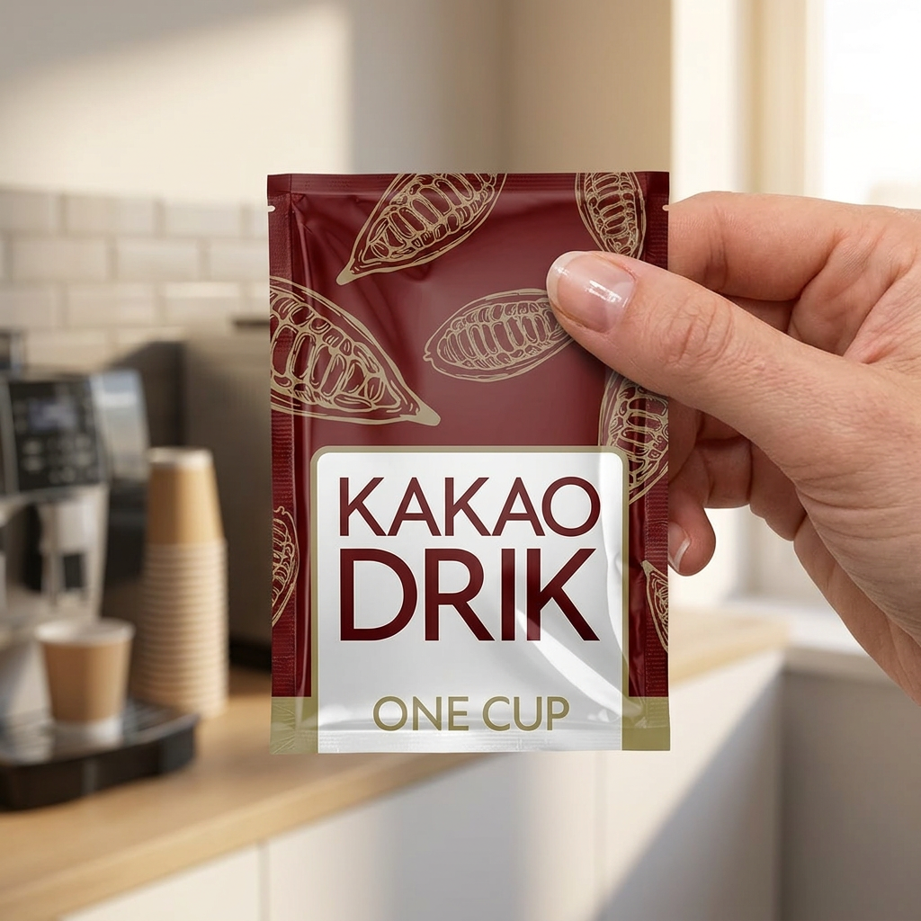 Voksen holder et portionsbrev med Wonderful kakaodrik, stemningsbillede